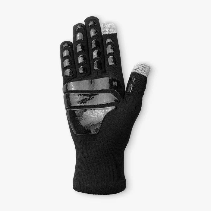 Palm of a black knitted glove with touchscreen fingertips and rubber grips.