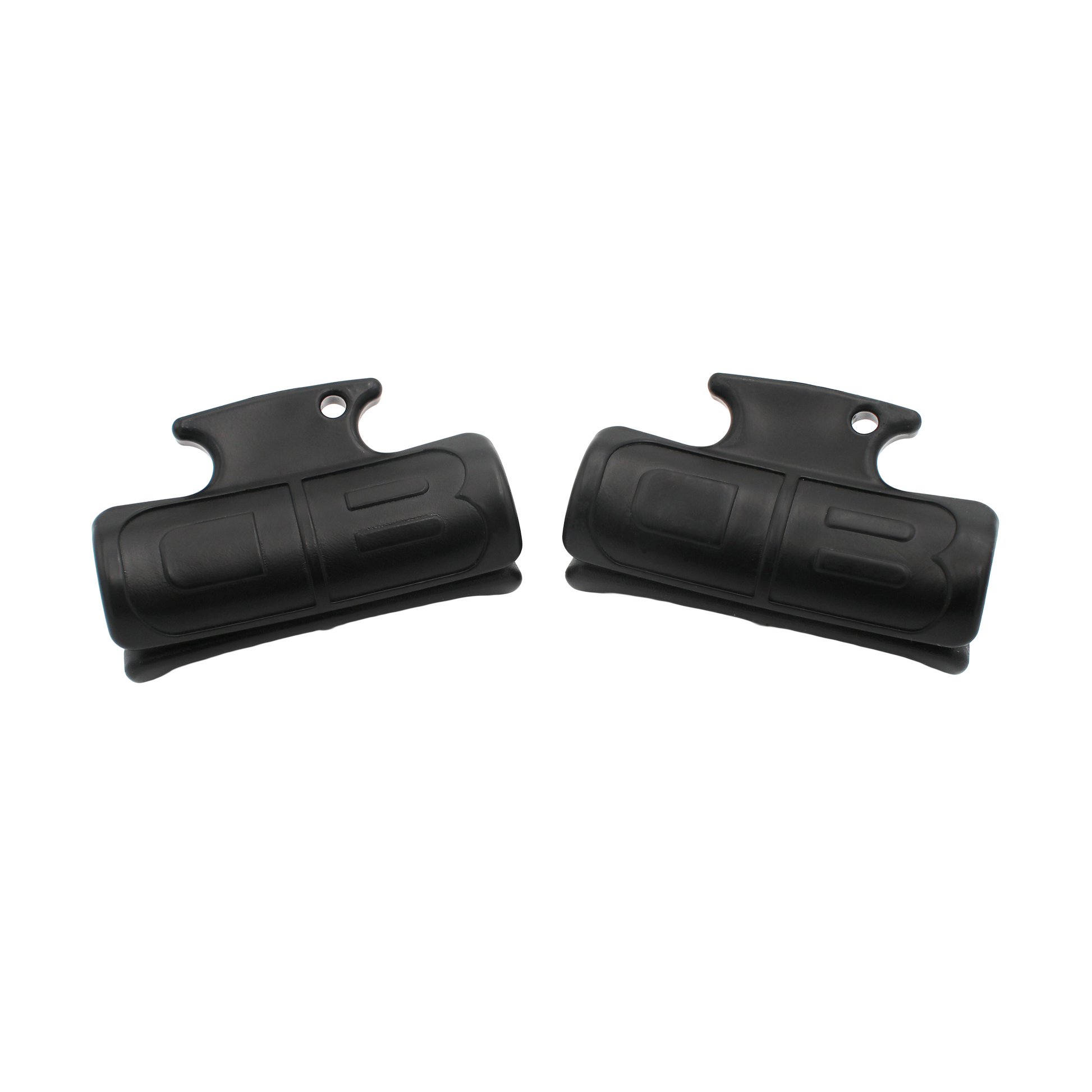 Two black plastic steering clips on a white background