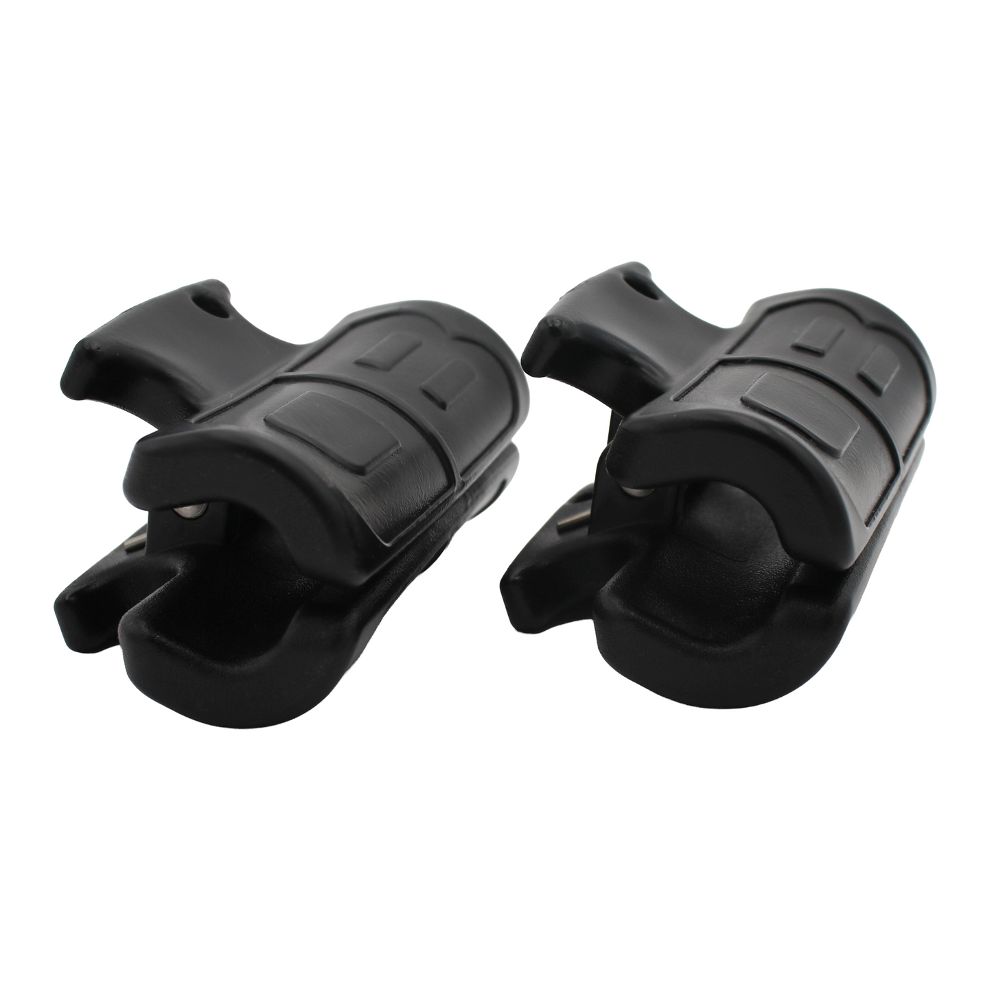 Pair of black plastic clips on a white background