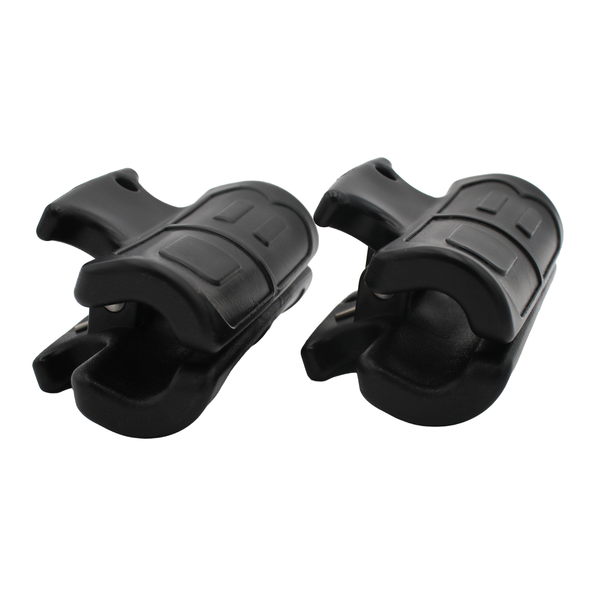 Pair of black plastic clips on a white background