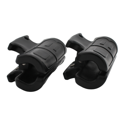 Pair of black plastic clips on a white background