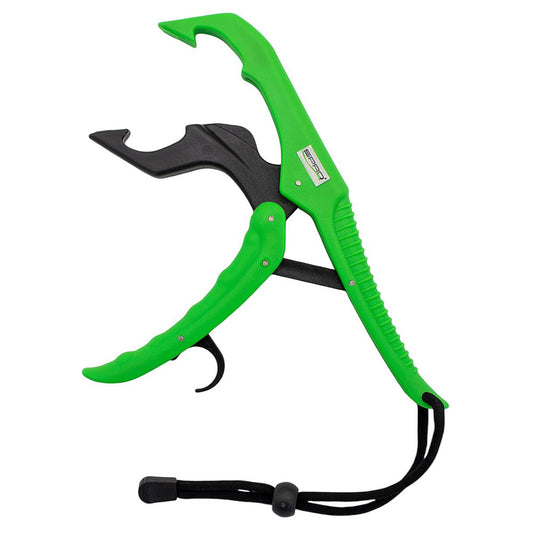 Green and black fishing tool with a lanyard.