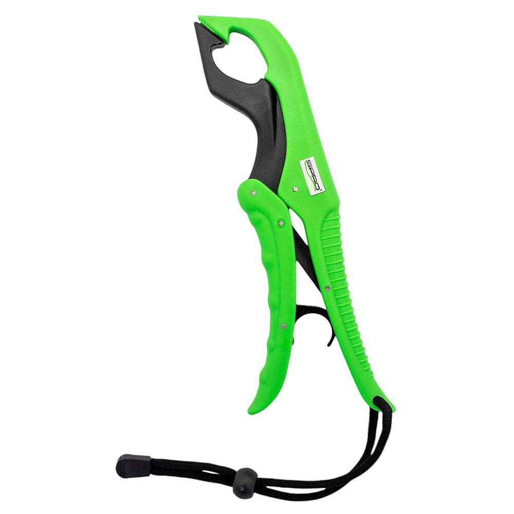 Green and black fishing plier tool.
