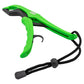 Green and black fishing pliers with a black adjustable strap.
