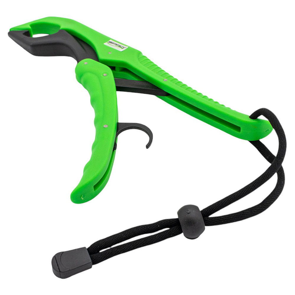 Green and black fishing pliers with a black adjustable strap.