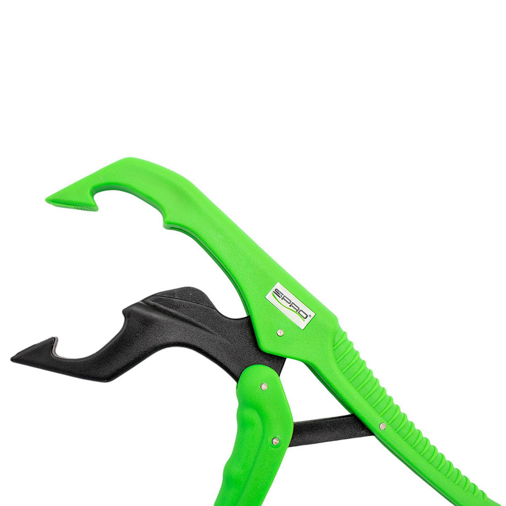 Close up of the locking jaws on green and black fishing pliers.