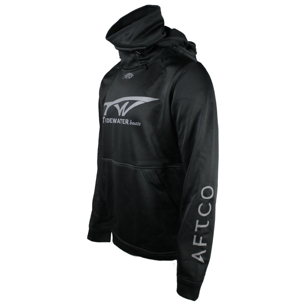 Black hoodie with a white Tidewater Boats logo on the chest.