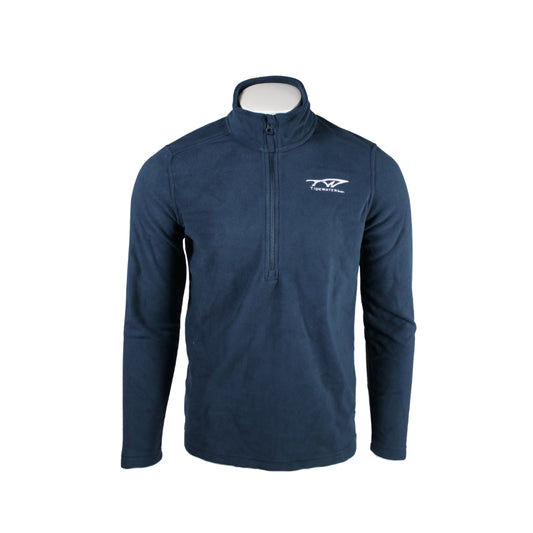 Navy blue fleece pullover with a quarter-zip and a white tidewater logo on the left chest.
