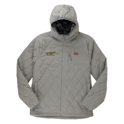 Grey quilted jacket with a tidewater logo on the right chest in brown.