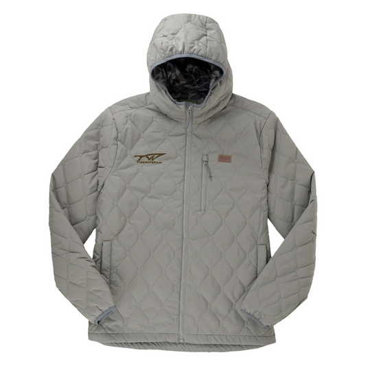 Grey quilted jacket with a tidewater logo on the right chest in brown.
