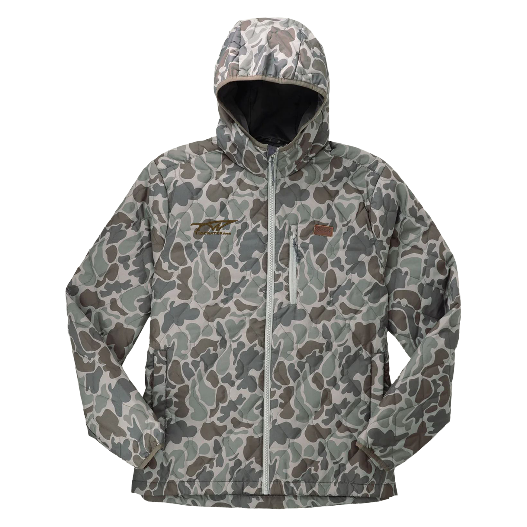 Grey and brown camo quilted jacket with a tidewater logo on the right chest in brown.