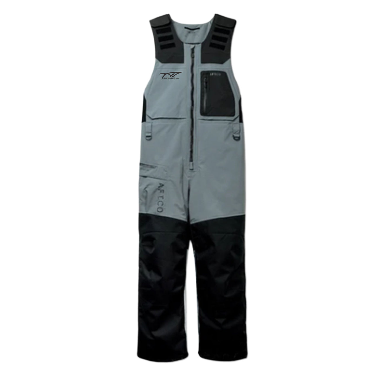 A pair of grey and black fishing bibs with padded straps, a front zipper, pockets, and a small tidewater logo on the right chest.