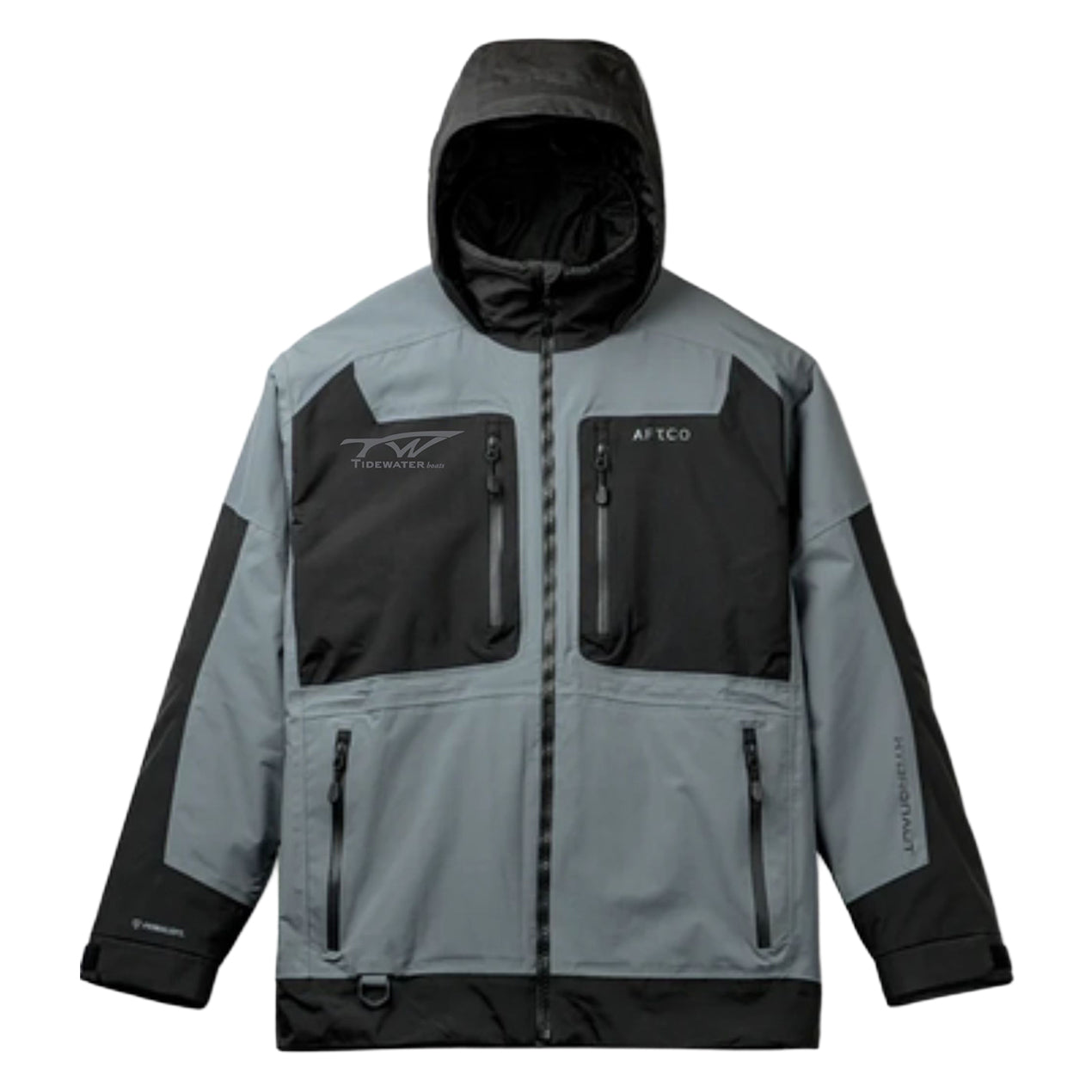 A grey and black AFTCO jacket with a hood, full front zipper, two chest pockets, hand pockets, and a grey tidewater logo on the right chest.