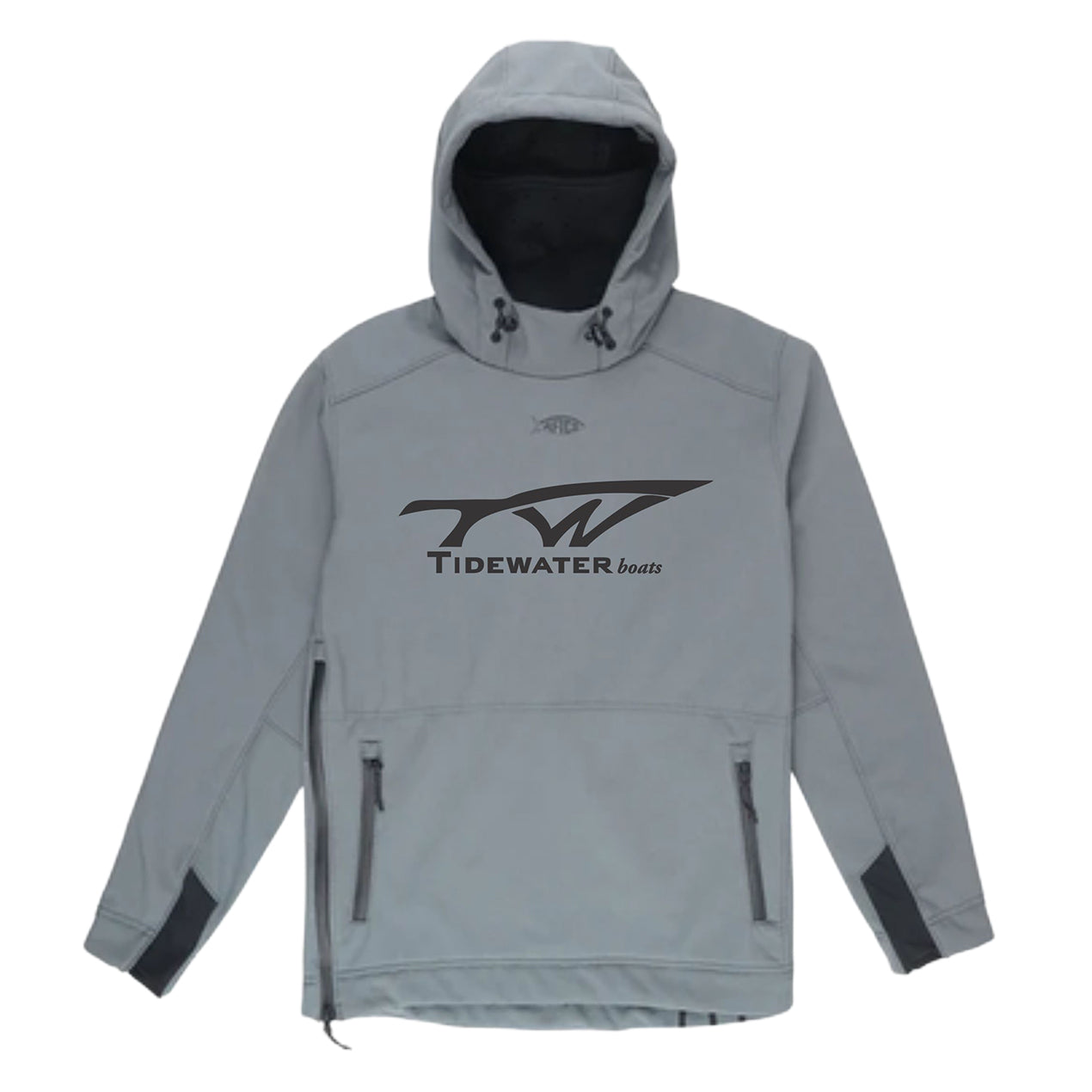 Grey reaper jacket with a hood and hand pockets, featuring a large black tidewater logo on the chest.