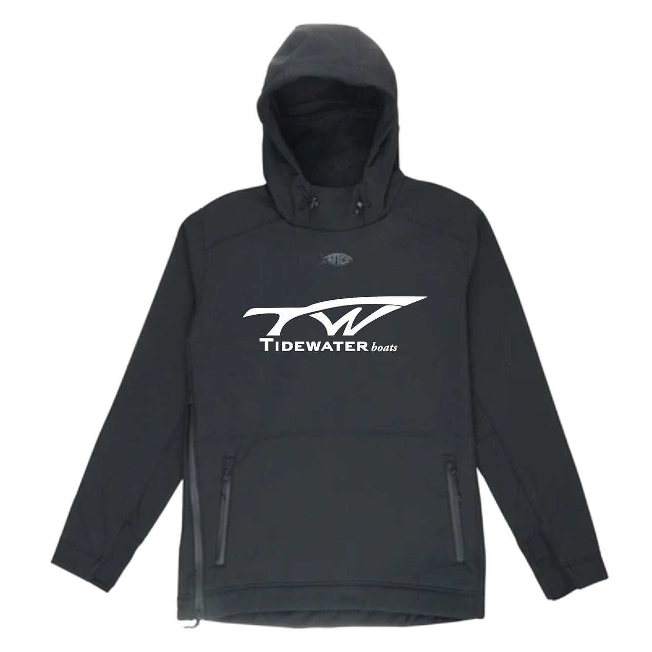 Black reaper jacket with a hood and hand pockets, featuring a large white tidewater logo on the chest.