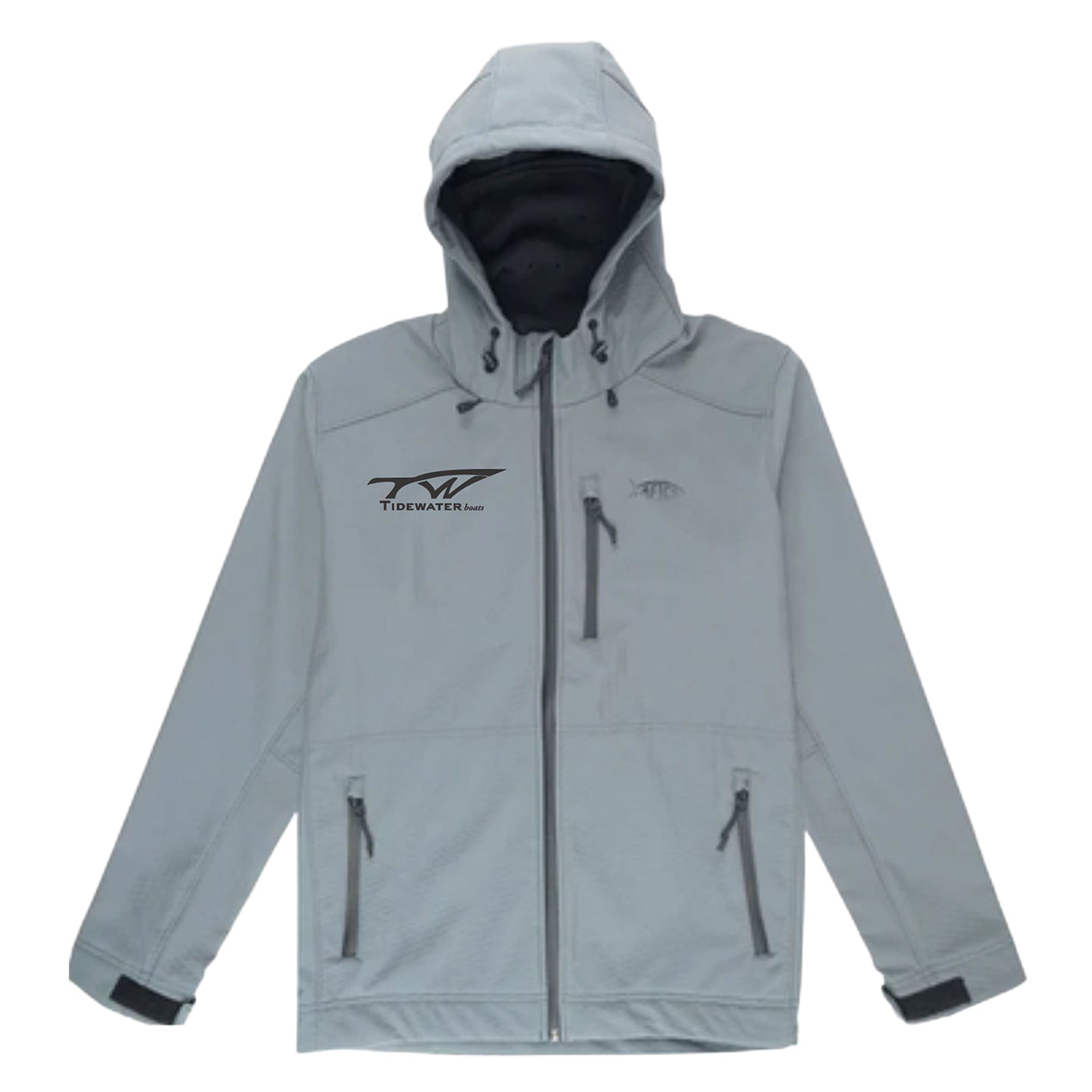 Grey AFTCO jacket with a front zipper and a hood, featuring a black Tidewater logo on the left chest and an AFTCO logo on the right chest.