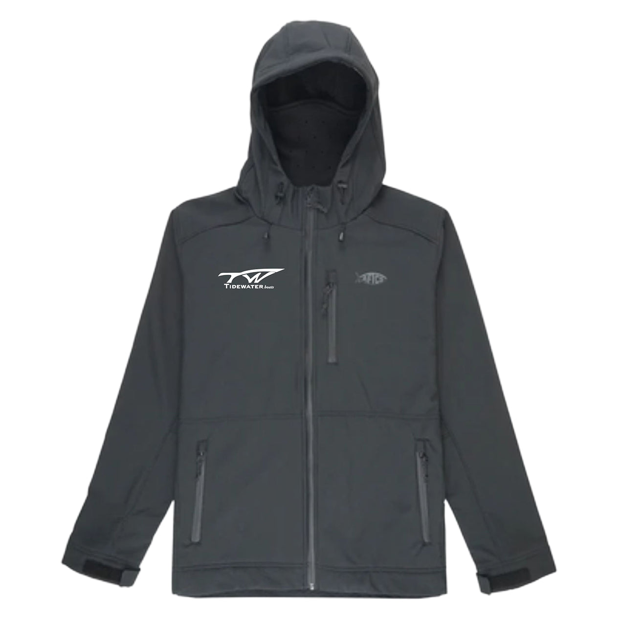 Black AFTCO jacket with a front zipper and a hood, featuring a white Tidewater logo on the left chest and an AFTCO logo on the right chest.