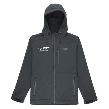 Black AFTCO jacket with a front zipper and a hood, featuring a white Tidewater logo on the left chest and an AFTCO logo on the right chest.