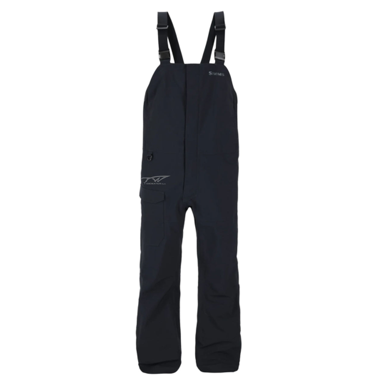 Black fishing bibs with adjustable straps and a leg pocket, featuring a tidewater logo on the hip.