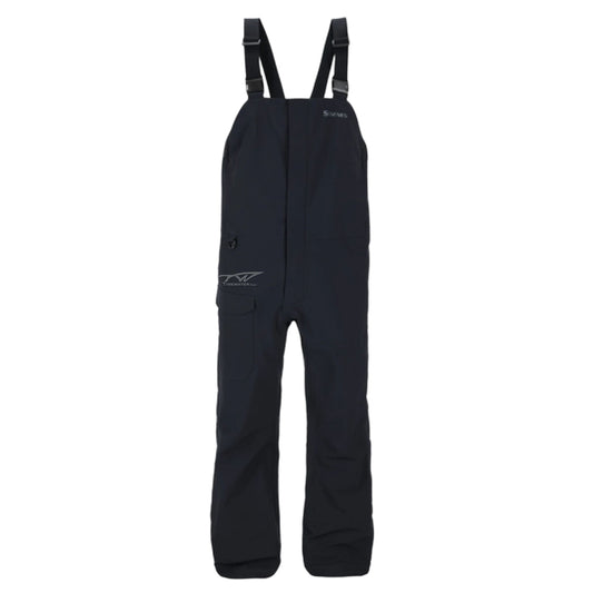 Black fishing bibs with adjustable straps and a leg pocket, featuring a tidewater logo on the hip.