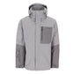 Two-toned grey fishing jacket with a hood and chest pocket, featuring a tidewater logo on the right sleeve.