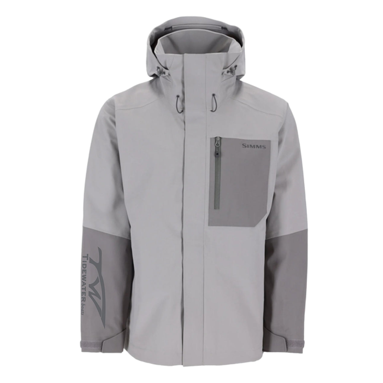 Two-toned grey fishing jacket with a hood and chest pocket, featuring a tidewater logo on the right sleeve.