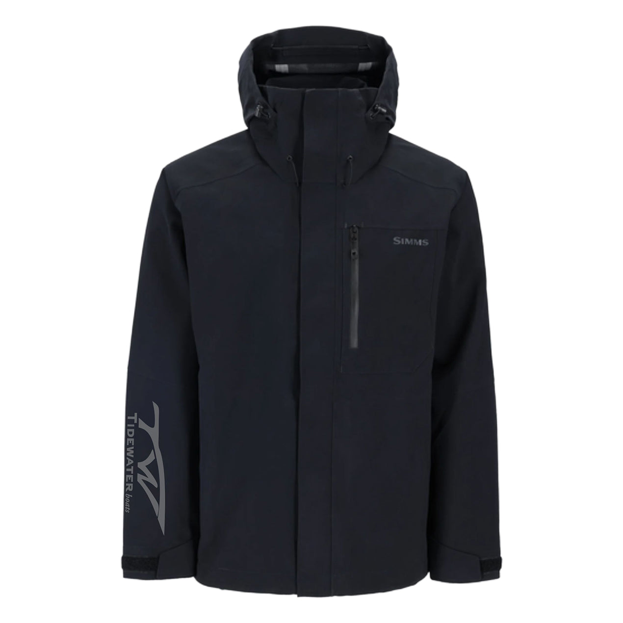 Black fishing jacket with a hood and chest pocket, featuring a tidewater logo on the right sleeve.