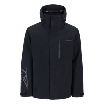 Black fishing jacket with a hood and chest pocket, featuring a tidewater logo on the right sleeve.