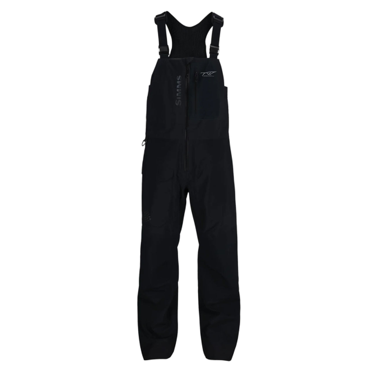 Black fishing bibs with adjustable shoulder straps and a zippered front, featuring a grey tidewater logo on the chest.
