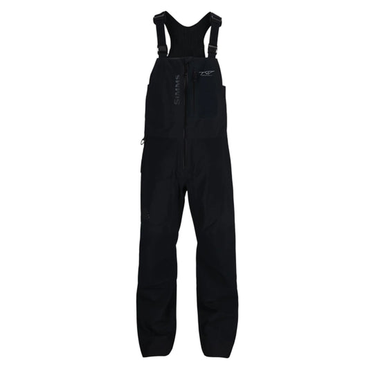 Black fishing bibs with adjustable shoulder straps and a zippered front, featuring a grey tidewater logo on the chest.