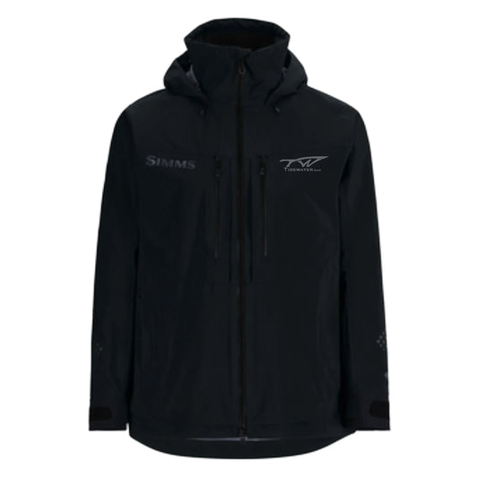 Black fishing jacket with a frotn zipper, two chest pockets, and grey logos on the chest.