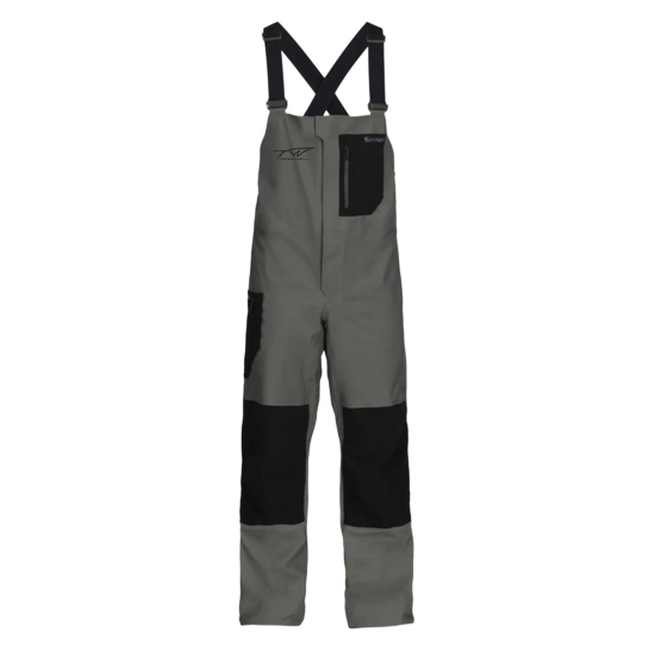 Gray and black technical bib overalls with adjustable shoulder straps, a front zip pocket, and reinforced knee panels, shown on a plain white background.