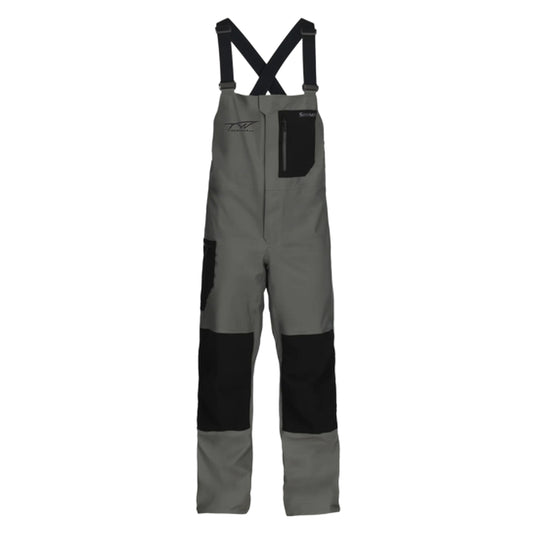 Gray and black technical bib overalls with adjustable shoulder straps, a front zip pocket, and reinforced knee panels, shown on a plain white background.