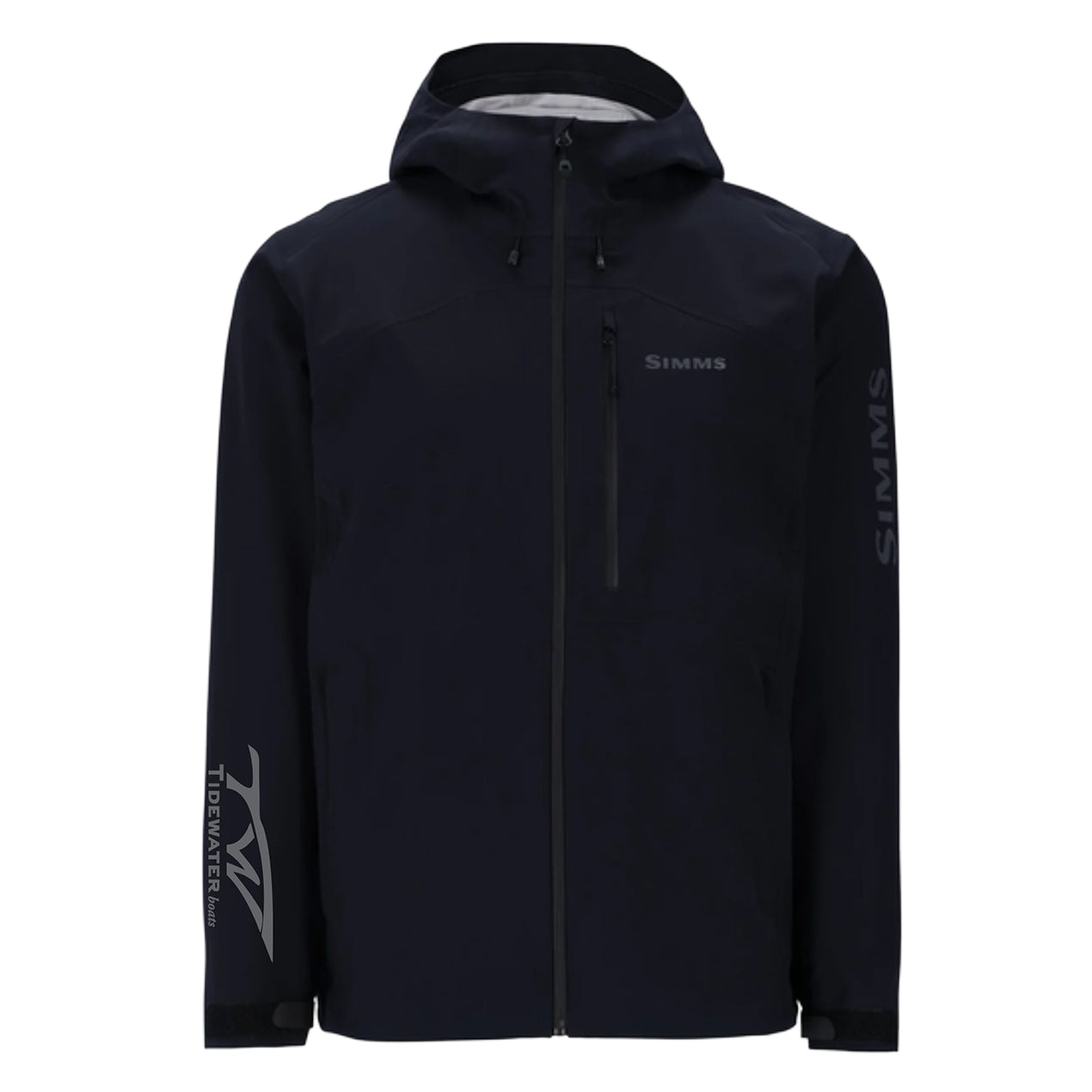 A black fishing jacket with a hood, front zipper, a chest pocket, and the Tidewater logo on the right sleeve.