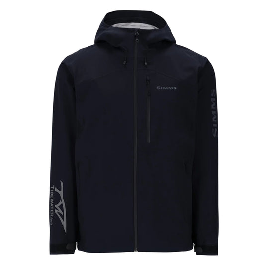 A black fishing jacket with a hood, front zipper, a chest pocket, and the Tidewater logo on the right sleeve.