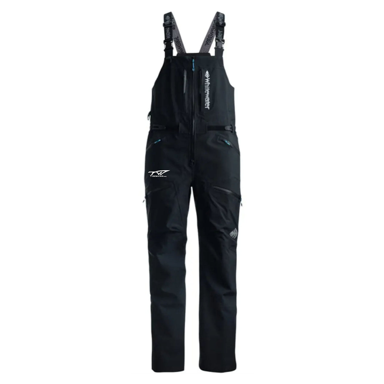 Black fishing bibs with adjustable straps, a zippered front, multiple pockets, and white brand logos on the hip and chest.