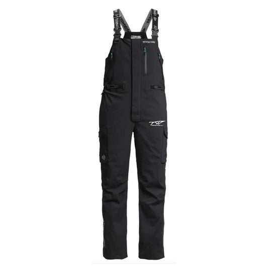 Black fishing bibs with adjustable straps, a long front zipper, multiple pockets, and a small white tidewater logo on one hip.