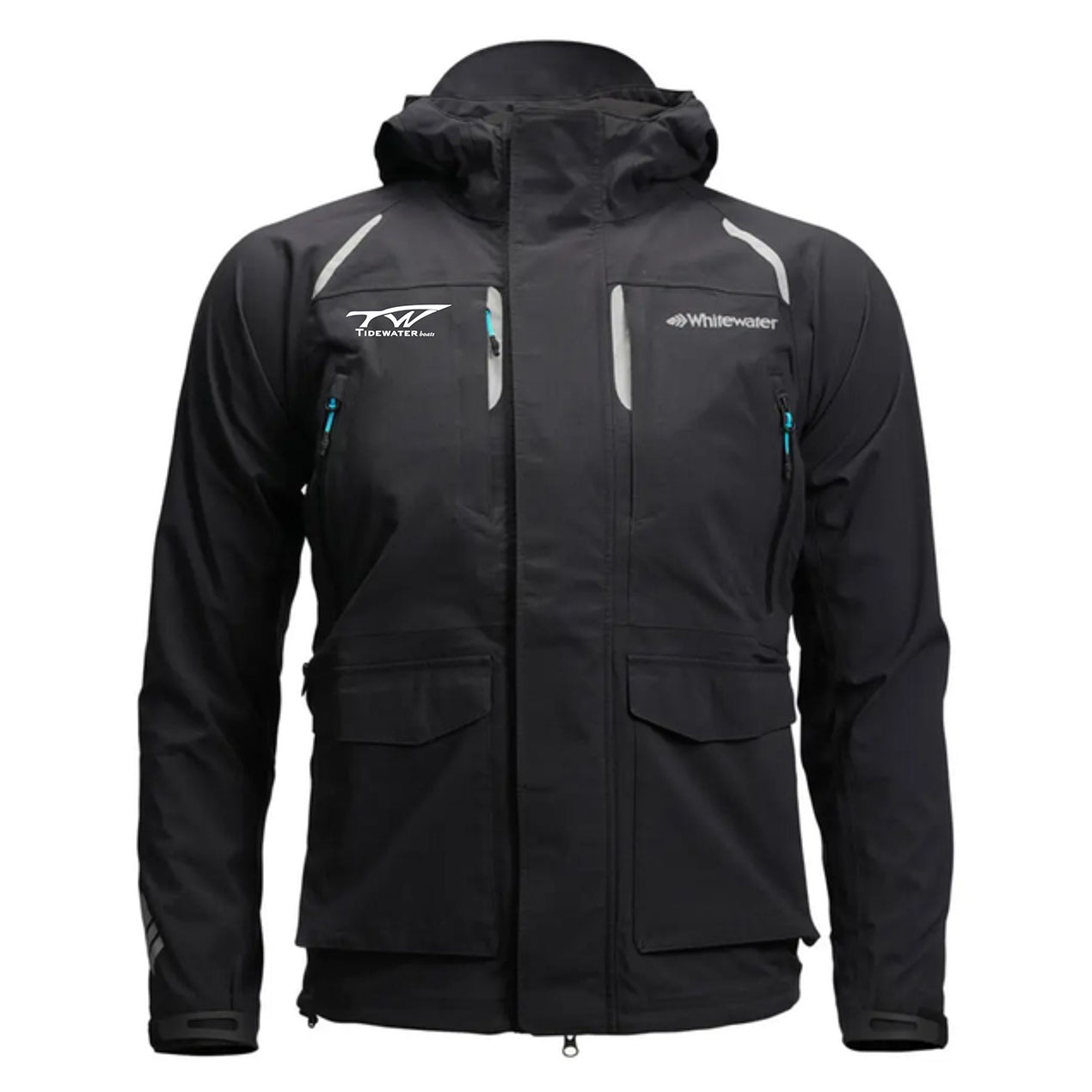 Black jacket with multiple pockets and reflective details, featuring white brand logos on the chest.