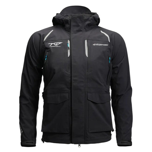 Black jacket with multiple pockets and reflective details, featuring white brand logos on the chest.