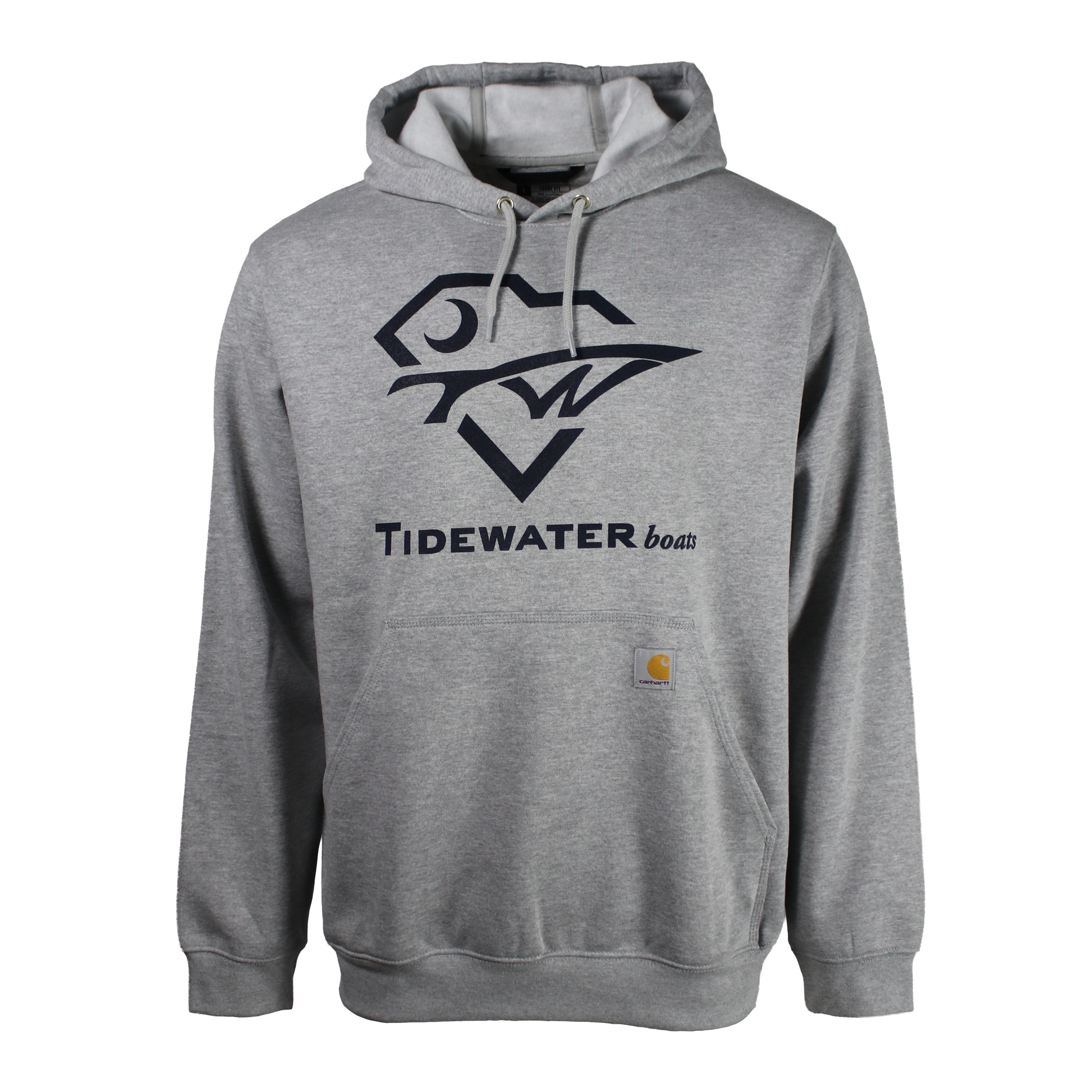 Light grey carhartt hoodie with a large tidewater logo on the front in navy blue.