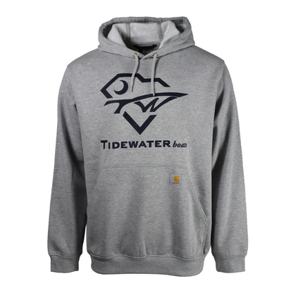 Light grey carhartt hoodie with a large tidewater logo on the front in navy blue.