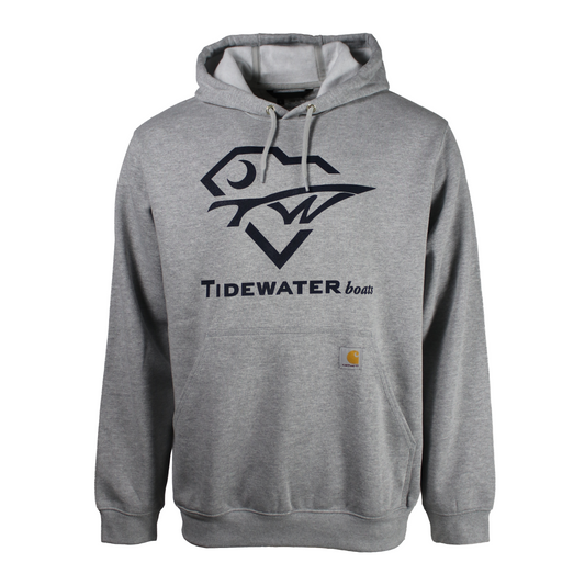 Light grey carhartt hoodie with a large tidewater logo on the front in navy blue.