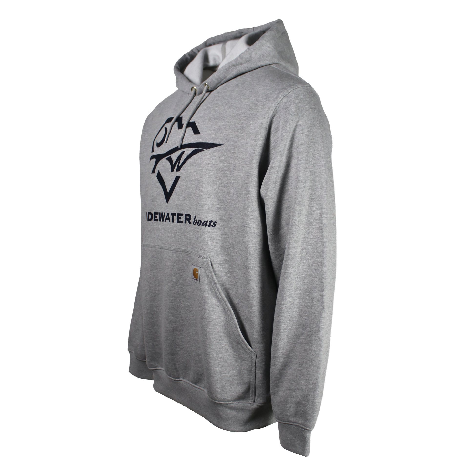 Side of a light grey carhartt hoodie with a large tidewater logo on the front in navy blue.