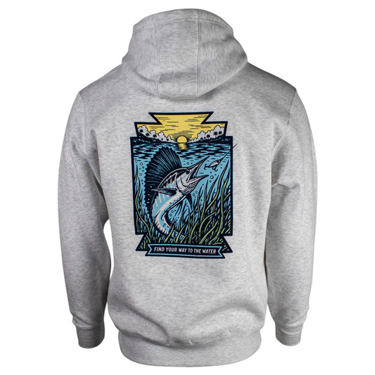 Back of a light heather grey hoodie with a rectangular graphic of a fish underwater in sea weed, chasing after a hook.