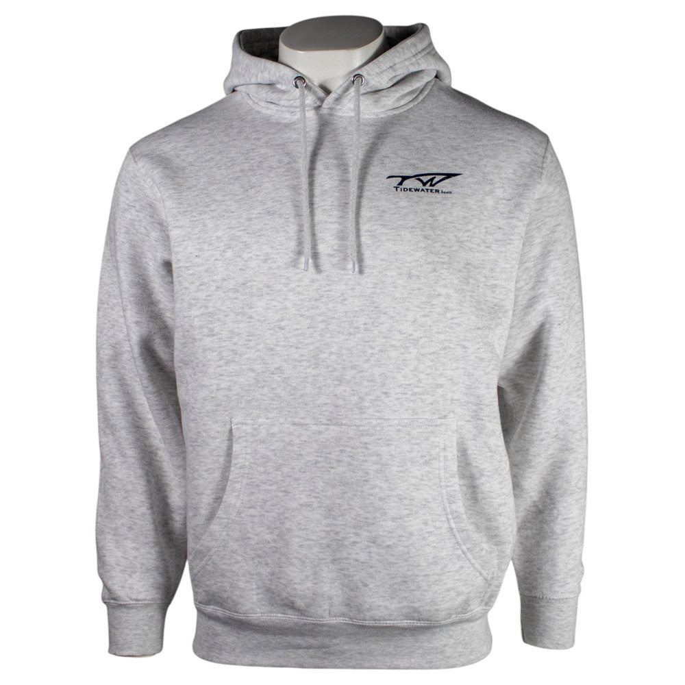 A light heather grey hoodie with a small tidewater graphic on the left chest.