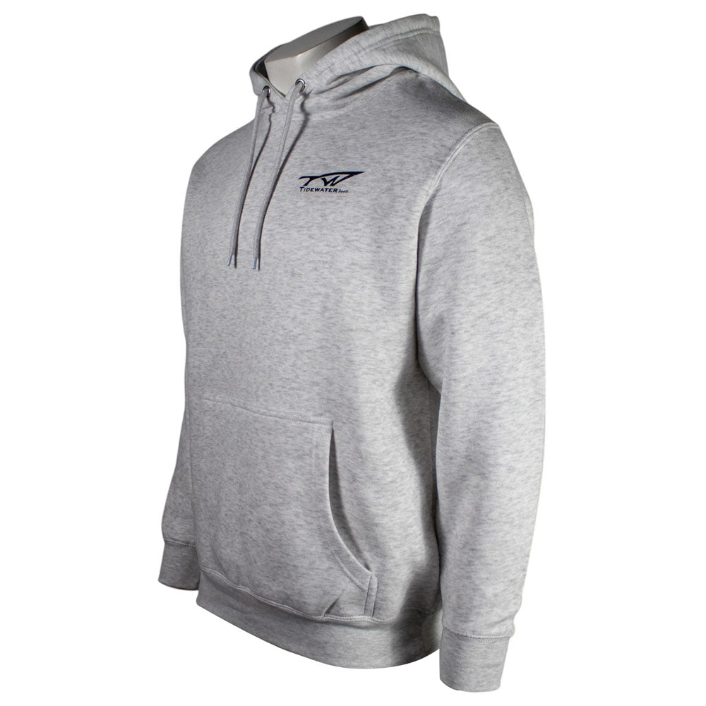 Side of a light heather grey hoodie with a small tidewater graphic on the left chest.
