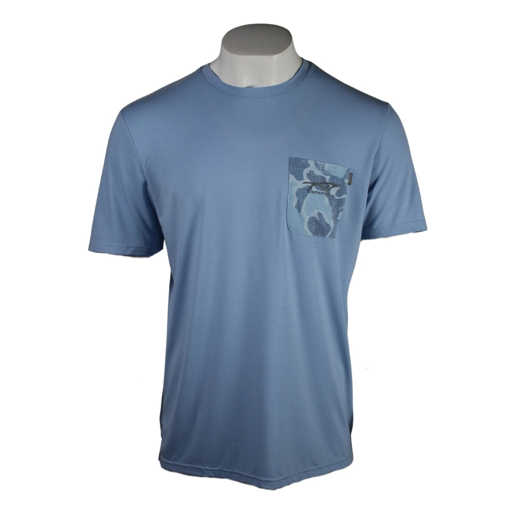 A light blue short-sleeve t-shirt with a camo chest pocket and the tidewater boats logo in grey.