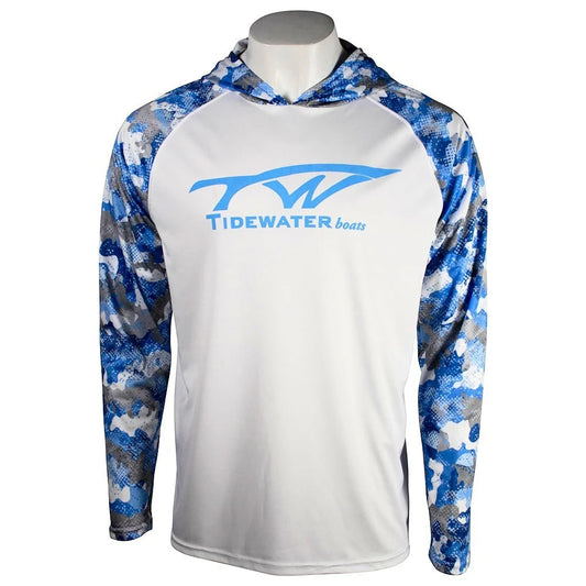 Men's white long-sleeved hoodie with blue camo sleeves and the 'Tidewater' logo.