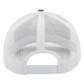White mesh cap with an adjustable snapback closure. 