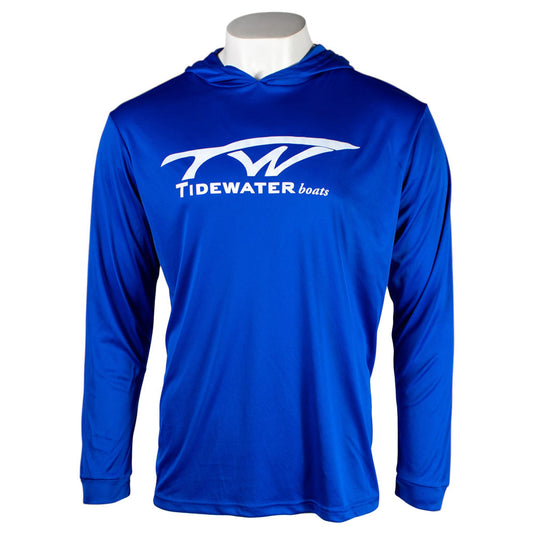 Front of a royal blue hooded long sleeve with a white tidewater logo on the chest.